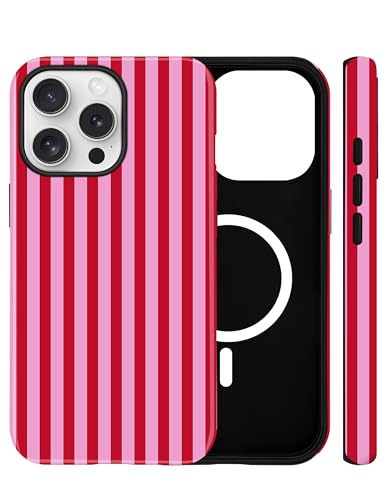 Jusy Handyhülle Magnetische für iPhone 15 Pro Max Hülle Aesthetic Gestreifte Sommer Muster Motiv Design Kompatibel mit MagSafe Zweischichtige Stoßfest Bumper Case Rot