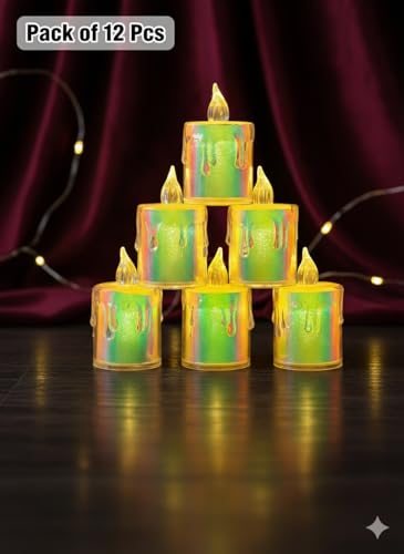 Image of 12Pc LED Tea Light Candles | Flameless & Smokeless Diya | Decorative Acrylic Candle | Home Decor, Navratri Decor Items, Diwali Decoration Item, Room, Table, Pooja Room Decor (Rainbow) | Popo Toys