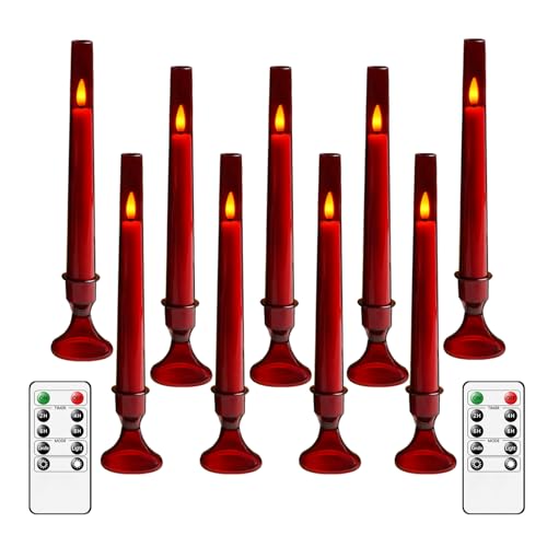 Image of Flameless Taper Candles Flickering with Remote and Timer, 9 Pack Led and Battery Operated Candles for Home Decoration, Party, Weddings, and Holiday Celebrations（Red）
