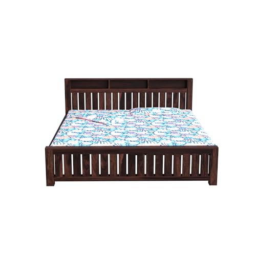 Image of Solid Sheesham Wood Queen Size Bed Without Storage | Wooden Double Bed Cot Bed for Bedroom Furniture | Palang Double Bed for Hotels | Walnut