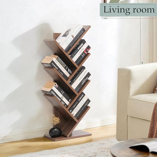 Image of ABOUT SPACE Book Shelf for Home - 7 Tier Tree Shaped Book Rack for Study Room DIY Wooden Book Stand with Bottom Storage Space for Office, Livingroom, Bedroom (Brown - L 35 x B 17 x H 90 cm)