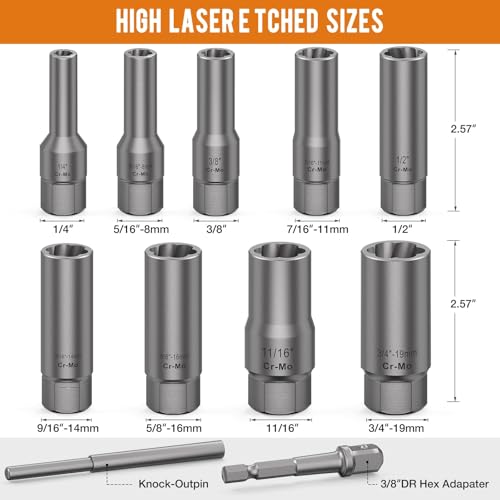 Image of XEWEA 11PCS Deep Spiral Bolt Extractor Kit, Bolt & Nut Remover Easy-Out Set, Deep Socket Tools For Removing Broken, Frozen, Rusted, Rounded-Off Bolts, Studs, Nuts & Screws,Friendly Narrow Spaces