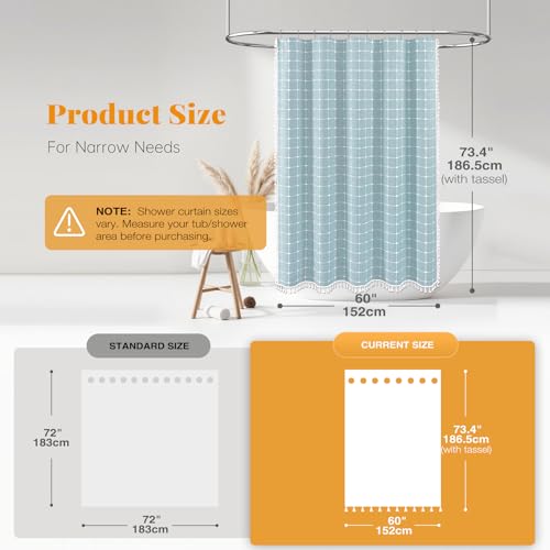 Image of BTTN 60 Inch Stall Shower Curtain - Boho Farmhouse Linen Thick Fabric Cloth Shower Curtain Set with 10 Plastic Hooks, Narrow Bohemian Country Decorative Shower Curtain for Bathroom - 60x72 - Fog Blue