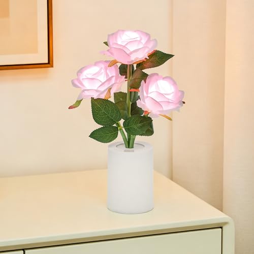 Image of Artificial Pink Rose Flower Lamp, Light Home Decor Birthday Gifts for Women