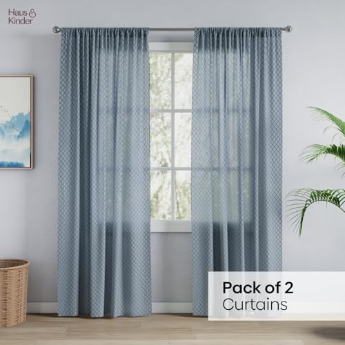 Image of haus & kinder Jacquard Sheer Door Curtains 7 Feet Long Pack of 2 Door Curtains, 7 Feet Curtains for Door, (Abstract Geometric Design, Silver Mesh, 114x213cm)
