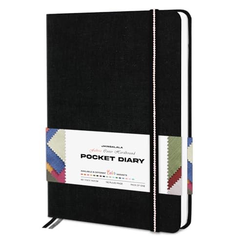 Image of Jhingalala Diaries - Fabric Cover Hardbound Pocket Journal Notebook I Fabric Series Journal Diary For Girls and Women I Pocket Diary With Elastic Closure I Size A6 I 192 Ruled Pages (Black)