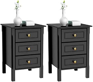 Yaheetech Black Bedside Table Set of 2PCs, Wooden Nightstands with 3 Drawers, Chest of 3 Drawers for Bedroom/Living Room/Hallway, 40x40x60cm