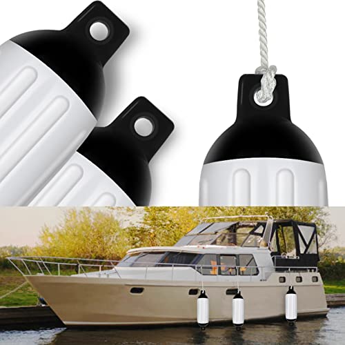 Veithi Boat Fenders 4Pack, Ribbed Twin Eyes Vinyl Boat Fender Bumpers, Boat Bumpers For Docking Come With Ropes Needles And Pump To Inflate, Bumpers Of Boats 8.5 X 27 Inch White/Black #TOP1
