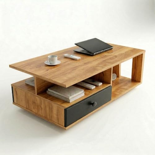 Image of FFO Modern Coffee Table with Storage Drawer & Open Shelves (90 x 60 x 45 cm) | Wooden Center Table for Living Room | Space-Saving Tea Table with Storage DIY.