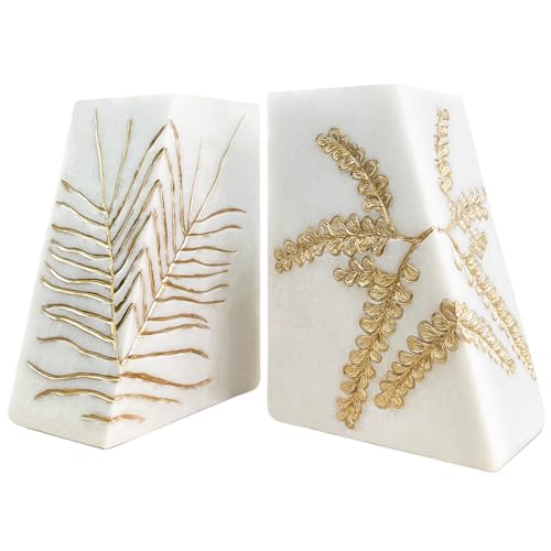 Heavy Duty Book Ends for Shelves Decorative Book Ends for Heavy Books Resin Modern Bookends with Marble Texture & Gold Botanical Detail Minimalist Bookends for Home Decor Set of 2