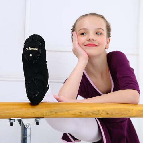 اس. ليمون حذاء باليه، حذاء رقص الباليه من القماش القابل للتمدد بنعل مقسوم للاطفال والكبار، لون اسود، مقاس 35