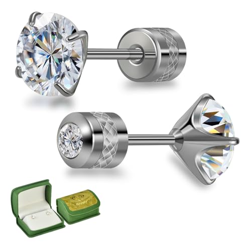 Hopply Moissanite Stud Earrings for Men & Women,D Color VVS1 Hypoallergenic Pure Titanium Screw Back Round Moissanite Wedding Earrings Dainty Cartilage Helix Piercing Jewelry 1-2CT