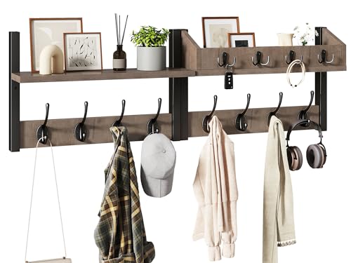 YMYNY 31.5' Coat Rack Wall Mount with Shelf, 4 in 1 Key and Coat Hanger with 12 Metal Hooks, Wall Shelf with Hooks & Mail Holder for Living Room, Bedroom, Silver Gray, HWS007Y-2