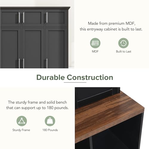 Image of Hall Tree with Bench and Shoe Storage Compartments, Particle Board Multi-Functional Entryway Cabinet with 4 Hanging Hooks, Black