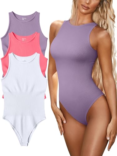 OQQ Women's 3 Piece Ribbed Bodysuits Halter Neck Leotard