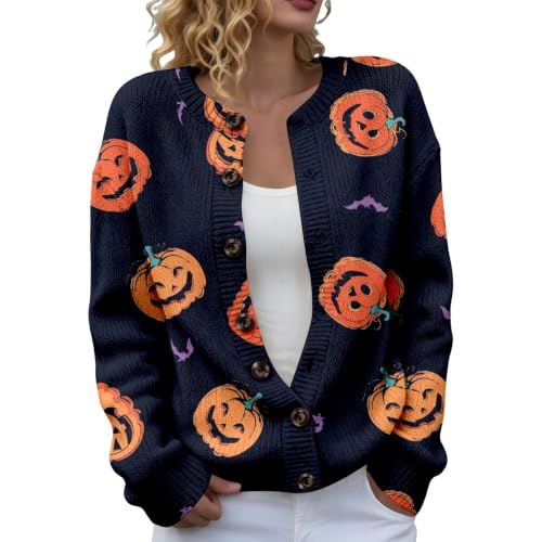 Womens Cardigan Halloween Pumpkin Sweater Button Down Knit Fall Tops