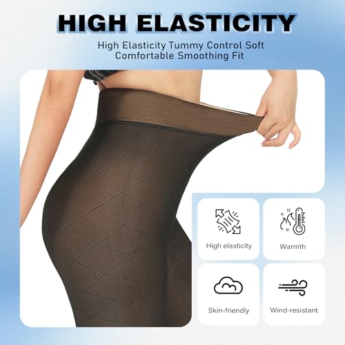 Image of X-CHENG Fleece Lined Tights Sheer Women - Fake Translucent Warm Pantyhose Leggings Sheer Thick Tights for Winter