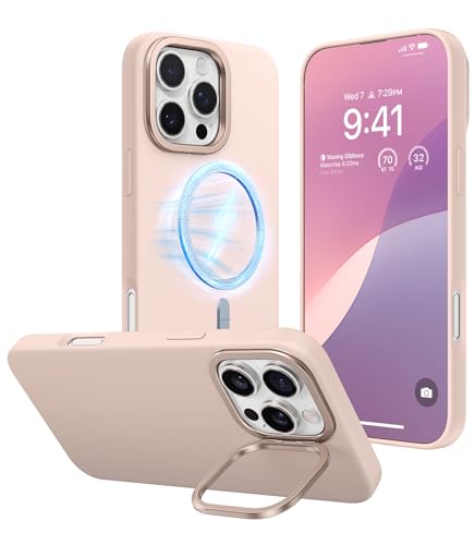 TORRAS Compatible with iPhone 16 Pro Case, Liquid Silicone Case with Stand, Compatible with MagSafe, Built-in Stash Stand Soft Grip Shockproof 16 Pro Funda, Anti-Scratch Microfiber Lining, Sakura Pink