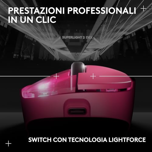 PRO X SUPERLIGHT 2 DEX LIGHTSPEED mouse da gaming wireless, Pro-Grade, leggero, 60 gramos, 5 pulsanti programmabili, sensore a 44.000 DPI, 8K Polling, ricarica USB-C, per PC/Mac - Rosa - Mouse gaming - Immagine 6