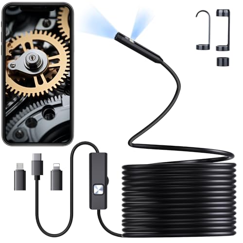 Endoscopio para Móvil 1920P HD con Doble Lente, Cámara de Inspección de Serpiente con Cable Semiflexible 5m, 8 Luces LED Ajustables, Compatible con Android iOS iPhone iPad