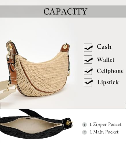 Image of Straw Crossbody Bags for Women Beach Woven Hobo Handbag Summer Chic Crescent Shoulder Purses with Adjustable Strap 2025 Khaki