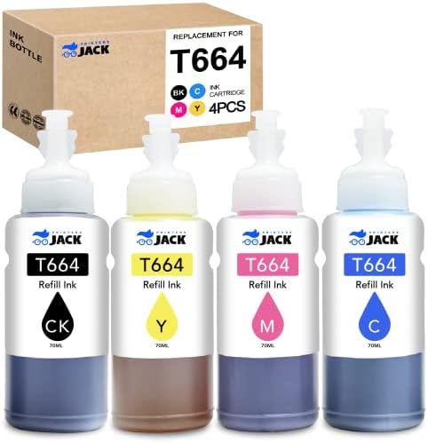 Printers Jack Compatible Epson T664 Refill Ink Bottle kit for Expression ET-2650, ET-2500, ET-2550, ET-2600 & Workforce ET-16500, ET-4500, ET-4550 Printers