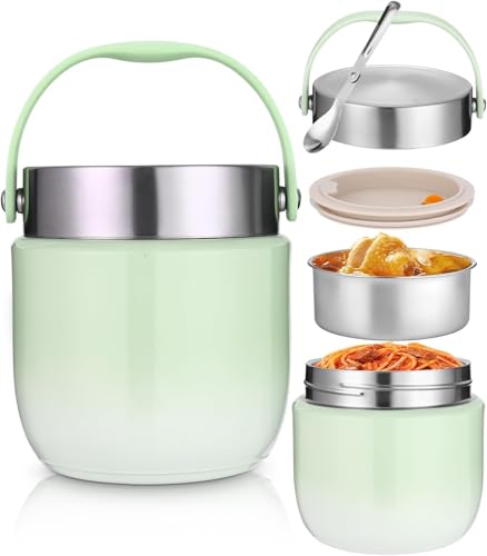 Image of Large Capacity Stainless Steel Lunch Jar 1200ml - Hot & Cold Thermal Food Container with Compartments, Portable Insulated Tiffin Box for Kids, Adults, Office, Camping & Outdoor Meals (Green)