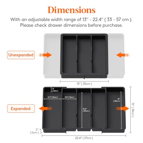 Lifewit Cooking Utensil Drawer Organizer, Expandable from 13 to 22.4 inches, Adjustable Cutlery Silverware Tray, Plastic Flatware Spatula Holder, Kitchen Tools Gadgets Storage Divider, Black