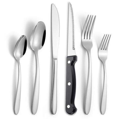 24 Piece Heavy Duty Stainless Steel Silverware Set with Steak Knives for 4, Mirror Polished Flatware Set Cutlery Utensils Tableware Set for Home Kitchen, Fork Knife Spoon Set, Dishwasher Safe