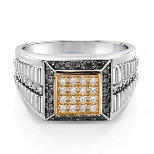 Gem Stone King Men's 925 Sterling Silver & 10K Yellow Gold Lab Grown Diamond & Black Diamond Cuban Rolex Style Square Cut Band Ring For Men | 0.56 Cttw | Available in Size 7-13
