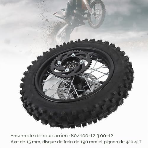 Pneu de Bord de Roue Arrière de 12 Pouces, Bord de Roue Arrière 80/100-12, Essieu de 15 Mm, Pignon 420 41T pour Apollo, SSR, XR, CRF Dirt Pit Bike, Tao Kayo TSD 110 TD 125