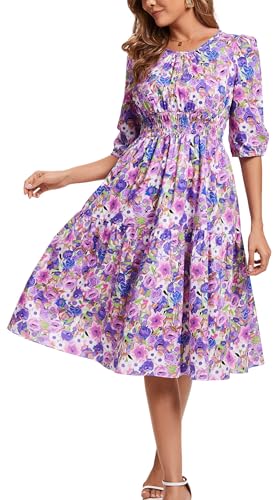 Image of Kormei Women Summer Casual Boho Floral Round Neck 3 /4 Sleeve Smocked Waist Tiered Flowy Swing Midi Dress S Purple /Blue Floral