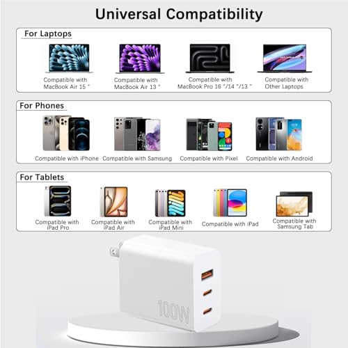 Image of 100W USB C Charger Block,2Pack 3-Port PD&AC GaN Super Fast USB C Charging Block Wall Charger Adapter Plug for MacBook Pro /MacBook Air,iPhone 17 Pro Max /17 Air /16 Plus /16E /15,iPad Pro /Air /Mini and More