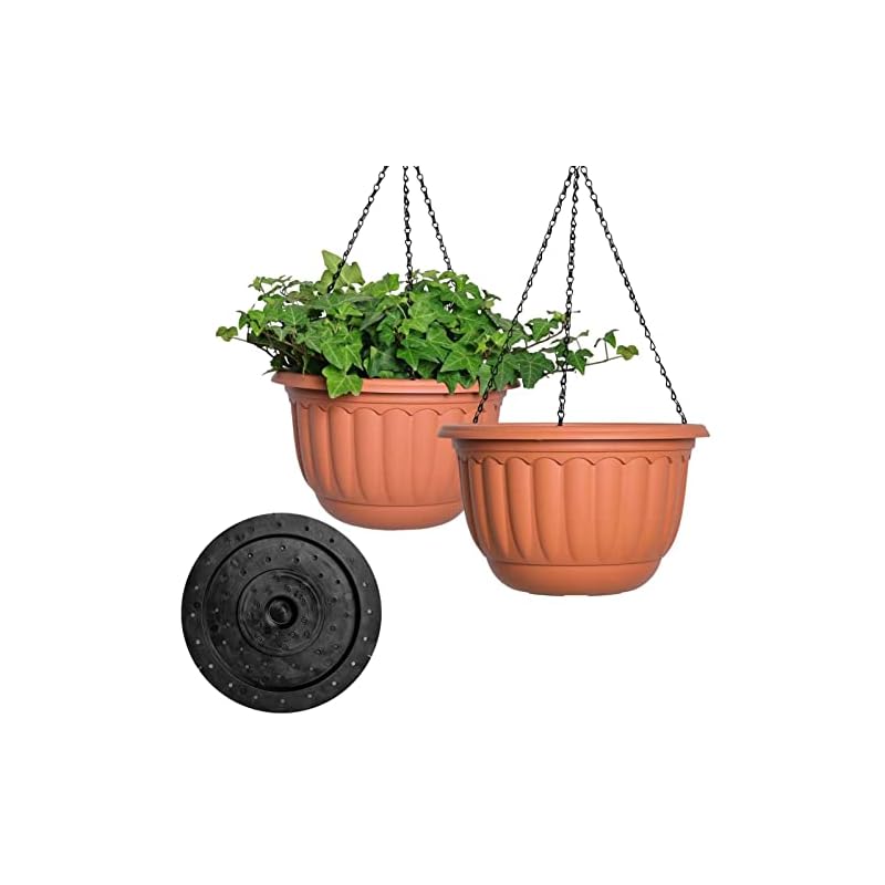 YIKUSH Hanging Planter for Indoor and Outdoor Plants 2 Pack 12inch Flower Pot Plastic Plant Pot with Drainage Hole and Absorbing Tray（Terracotta,with 3 Hooks）