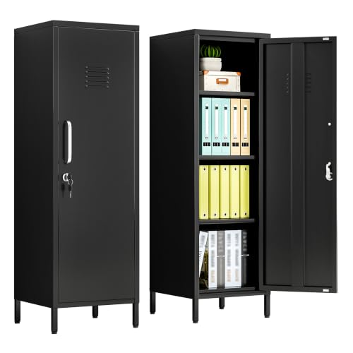 Image of pozdeg 47.24 inch Black Lockable Small Metal Storage Locker | Employees Locker 1 Door & 3 Adjustable Shelves, Steel Cabinet for Employees, Home, School, Office & Gym