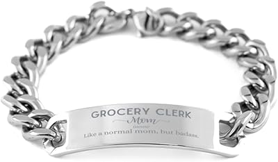 Mothers Day Grocery Clerk Mom Gifts for Badass Grocery Clerk Mom Cuban Chain Bracelet Personalized Gifts from Daughter Son,Grocery Clerk Mom Like Normal mom but Badass Funny Birthday
