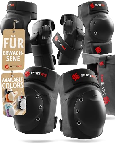 SKATEWIZ Schoner Inliner Erwachsene - Inliner Schoner Erwachsene - Knieschoner Ellenbogenschützer - Skate Protektoren Schutzausrüstung - Schützer Damen Herren - SHIELD Größe L Schwarz