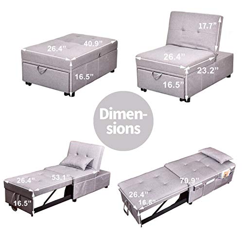 URRED Convertible Chair Sleeper Bed, Folding Ottoman Sleeper Guest Bed 4 in 1 Multi-Function Adjustable Linen Fabric Futon Chair with Lumbar Pillow Gray (Gray)