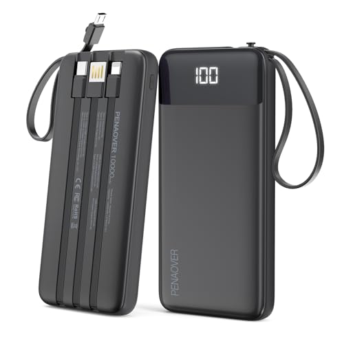 penaover Portable Charger 10000mAh Power Bank with Built-in Cable, 5 Output 2 Input Travel Essential External Battery Pack with LED Display Compatible with iPhone 17/16/15/14 Samsung Android, etc