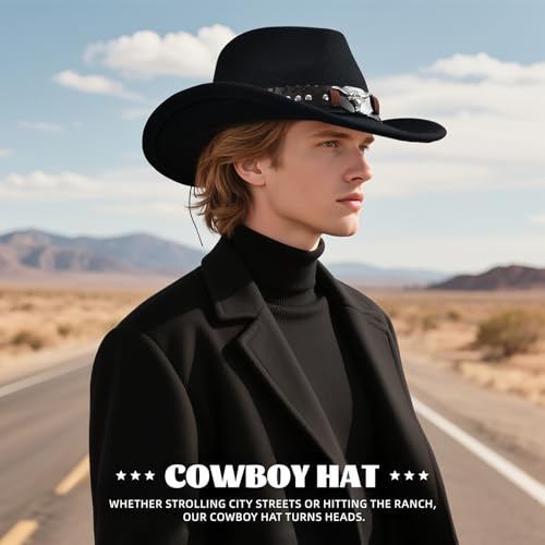 Image of Classic Western Cowboy Hat Cowgirl Hat Unisex Men's & Women's Wide Brim Felt Fedora Hat Flat Top with Buckle Belt