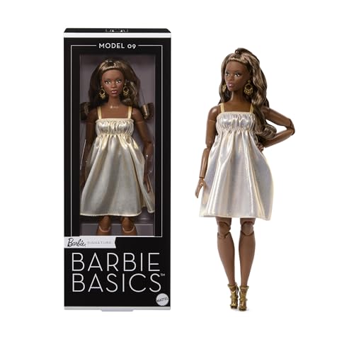 Barbie Basics, Muñeca 09 para coleccionistas con Pelo castaño, Vestido Dorado y Zapatos de tacón con Tiras, Ropa Intercambiable con Otras muñecas y Cuerpo articulado, JJX28