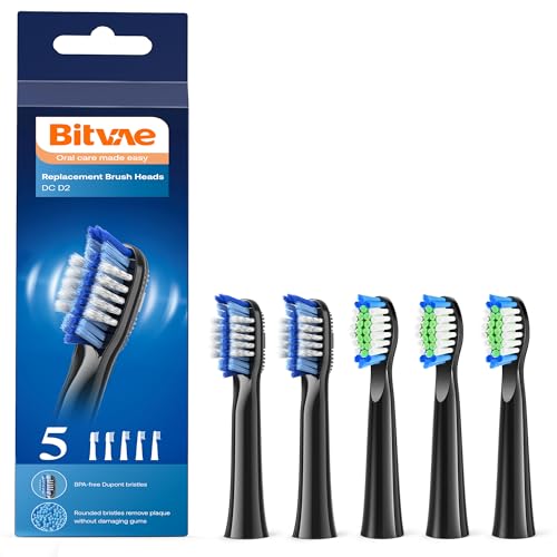 Bitvae D2 Electric Toothbrush Replacement Heads Sonic Toothbrush Heads Refills 2 Types of Cleaning Style 5 Pack Black