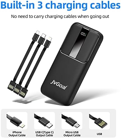 JvGoal 10000mAh Portable Charger with Built in Cables, PD & QC 22.5W Fast Charging USB C Power Bank, 3 Output 2 Input Battery Charger LED Display External Battery Pack for iPhone Samsung Huawei etc