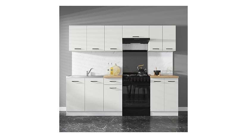 PEGANE Cuisine complète 240 cm,Ensemble de Meuble de Cuisine Finition Blanc laquée Craie, sans Plan de Travail