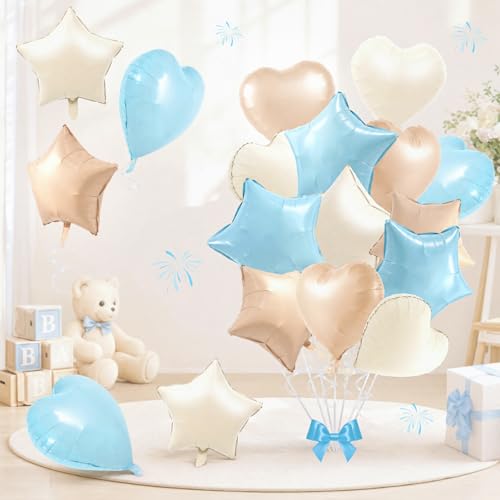 TONIFUL 18 Inch Cream Blue Star and Heart Foil Balloons, 18PCS Apricot & Blue Helium Mylar Birthday Balloons Birthday Wedding Bridal Shower Anniversary Engagement Party Decorations Supplies