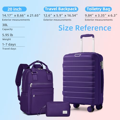 Image of LARVENDER Carry On Luggage 22x14x9 Airline Approved, Suitcases with Wheels | Hardside PP Carry On Suitcase with Backpack, Luggage Sets for Women Men, TSA Lock, Grape Purple