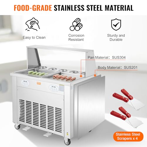 Image of VEVOR Fried Ice Cream Roll Machine, 2Pcs 13.8 inch x 13.8 inch Square Stir-Fried Ice Cream Pans, Stainless Steel Commercial Rolled Ice Cream Maker with Compressor and 4 Scrapers, for Ice Cream, Frozen Yogurt