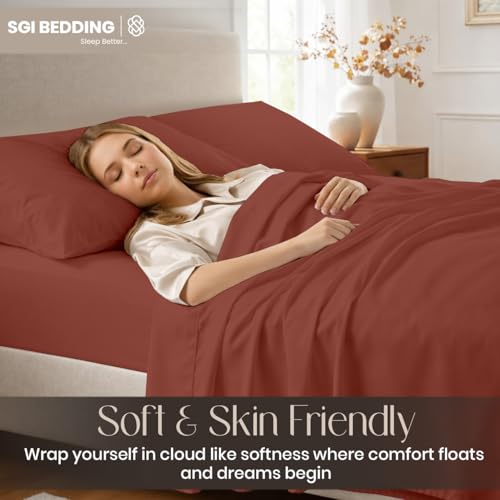 Image of SGI bedding 100% Egyptian Cotton Sheets Queen Size - Premium Luxury Hotel Sheet Set, Cooling & Breathable, Ultra Soft, 15 inch Deep Pocket, 4 Piece Bedding Set, Terracotta