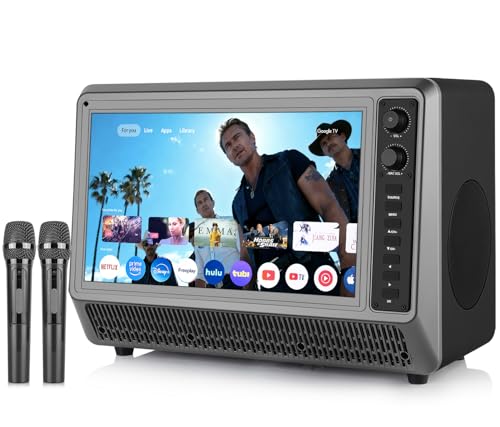 Feihe 15.6 inch Small Smart TV with Bluetooth Speaker Combo, 200W Peak Power, Karaoke Wireless Microphones, 1080P HD LED Flat Screen Smart Television Support HDMI/AUX/USB for Home Party Camping