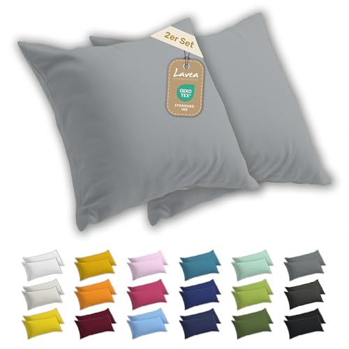 Lavea 2er Set Kissenbezug 60x60 Kissenhülle Sparpack 100% Baumwolle Jersey Kissenbezug Baumwolle Kissenbezüge 2 Stück Oeko-Tex Zertifiziert YKK-Reißverschluss Hautfreundlich Silber